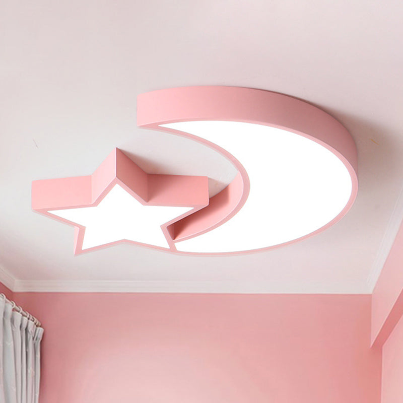 Kids Bedroom Led Ceiling Lamp - Metal Acrylic Flush Mount Light With Star & Moon Design Pink / White