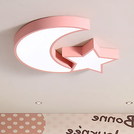 Kids Bedroom Led Ceiling Lamp - Metal Acrylic Flush Mount Light With Star & Moon Design
