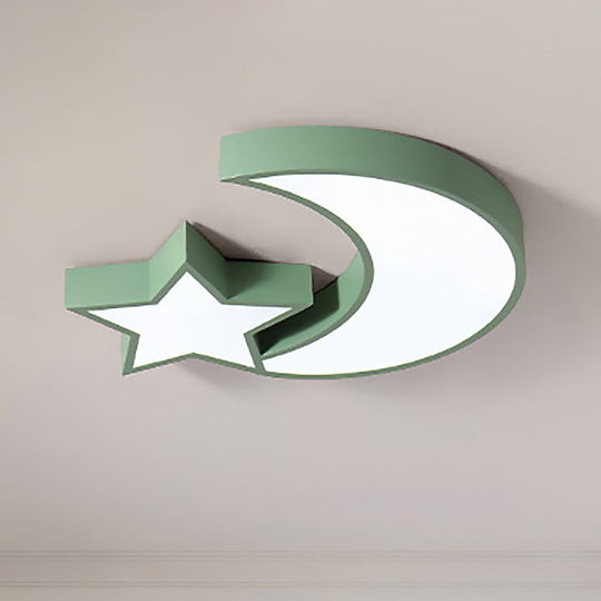 Kid’s Bedroom Led Ceiling Lamp - Metal Acrylic Flush Mount Light With Star & Moon Design Green /