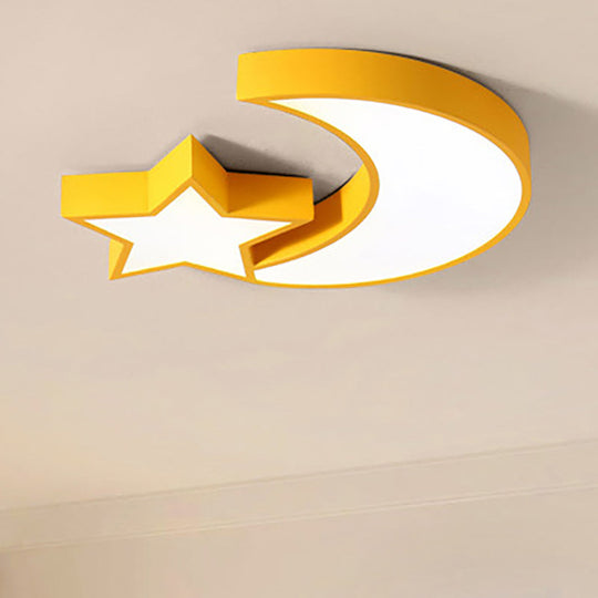 Kid’s Bedroom Led Ceiling Lamp - Metal Acrylic Flush Mount Light With Star & Moon Design Yellow /