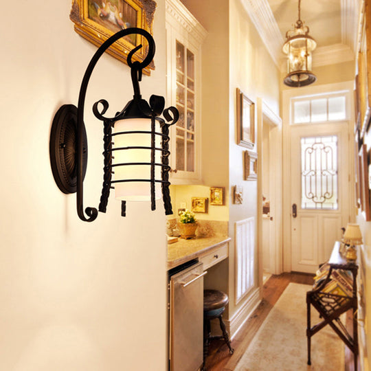 Country Style Wall Lamp With Milky Glass Shade And Metal Frame - 1 Light Black Sconce Fixture