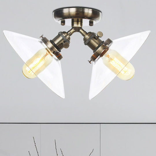 Industrial Style Clear Glass Semi Flush Mount Ceiling Light With 2 Lights For Conical Restaurants