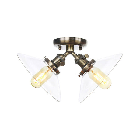 Industrial Conical Restaurant Semi Flush Light With Clear Glass - 2 Lights Ceiling Mount In