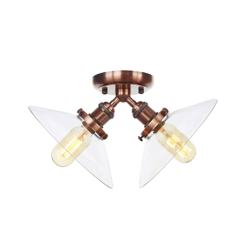 Industrial Style Clear Glass Semi Flush Mount Ceiling Light With 2 Lights For Conical Restaurants