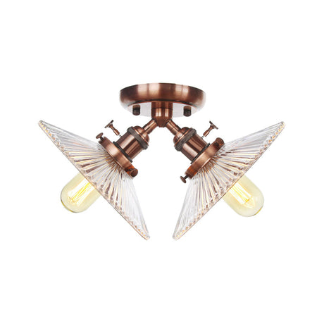 Flared Shade Ceiling Mount Light With Clear Ribbed Glass - 2 Heads Ideal For Restaurants Black/Brass
