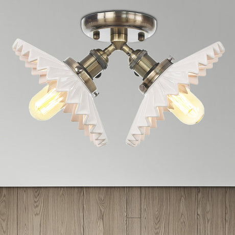 Restaurant Ceiling Light With Scalloped Milk Glass Shade In Black/Bronze Semi-Flush Mount Bronze