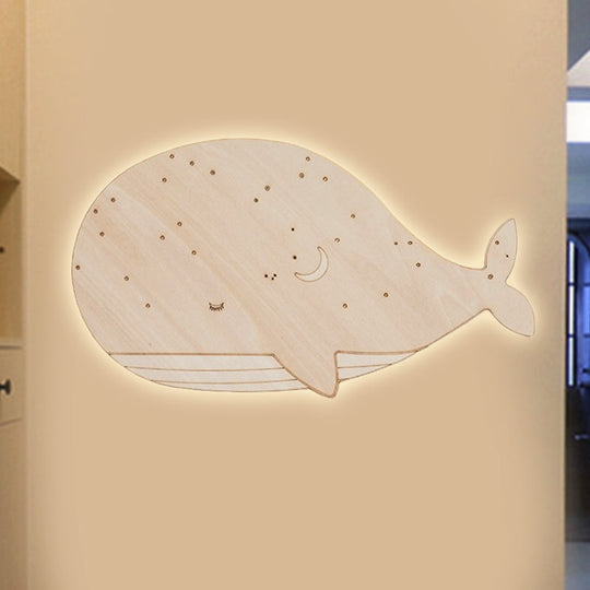 Nursing Room Oval Whale Wall Sconce - Wood Animal Beige Lamp Warm