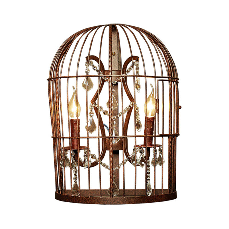Rustic 2-Light Birdcage Wall Sconce With Crystal Drops For Living Room