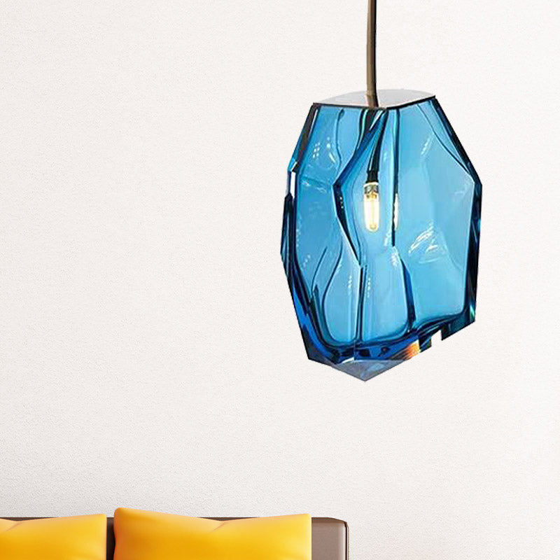 Blue Glass Gem Pendant Light Fixture - Contemporary 1 Head Ceiling Lighting For Bedrooms
