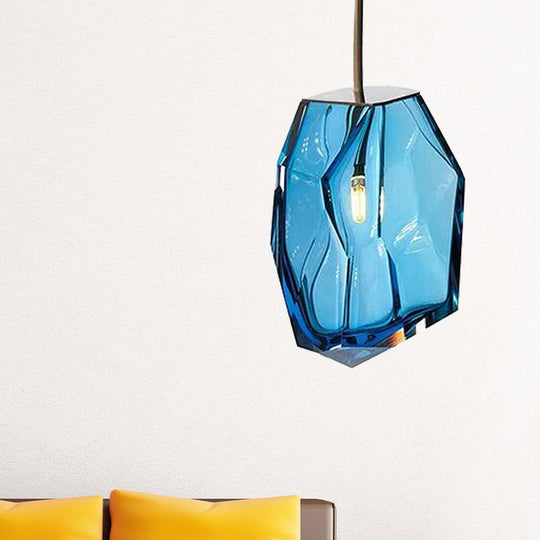 Blue Glass Gem Pendant Light Fixture - Contemporary 1 Head Ceiling Lighting For Bedrooms