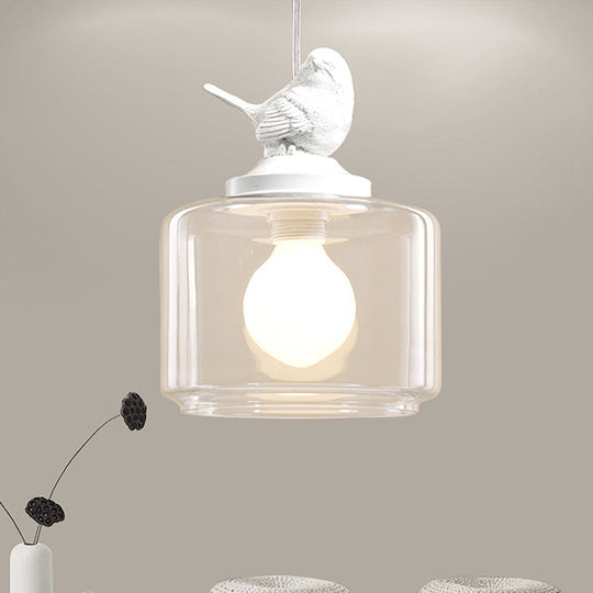 Contemporary Clear Glass Drum Pendant Light With Bird Decoration For Restaurants