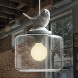 Contemporary Clear Glass Drum Pendant Light With Bird Decoration For Restaurants