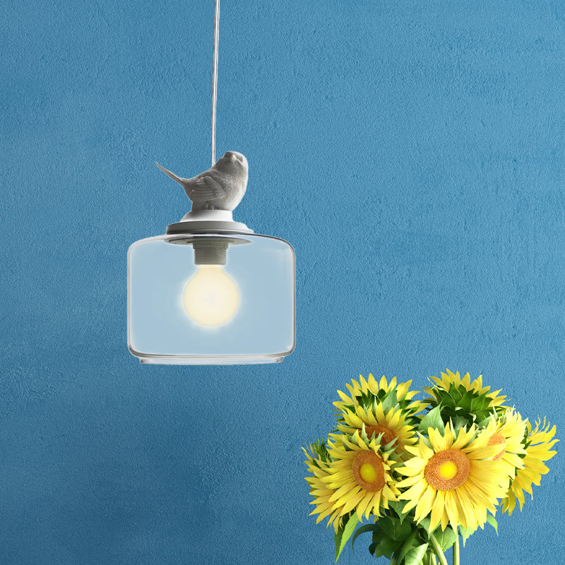 Contemporary Clear Glass Drum Pendant Light With Bird Decoration For Restaurants