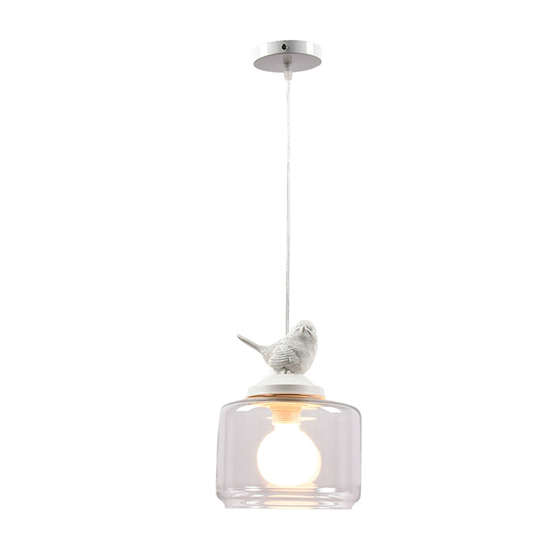 Contemporary Clear Glass Drum Pendant Light With Bird Decoration For Restaurants