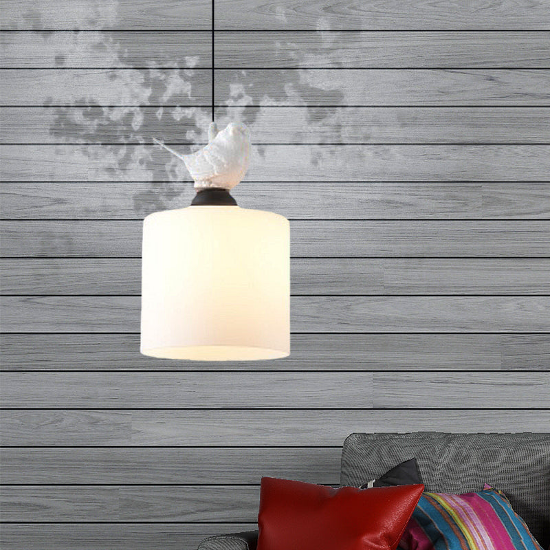 Simple Style White Glass Cylinder Tea Bar Pendant Light Fixture With Hanging Kit - 1