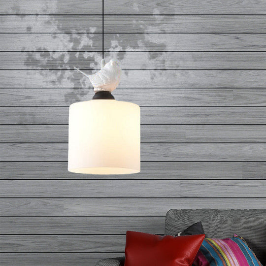 Simple Style White Glass Cylinder Tea Bar Pendant Light Fixture With Hanging Kit - 1