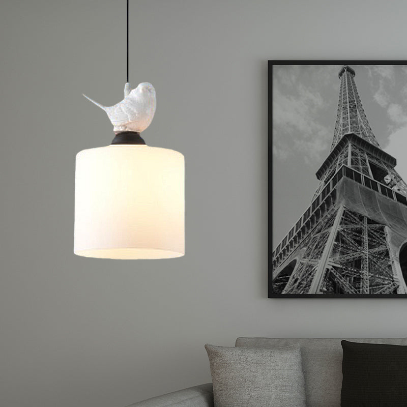 Simple Style White Glass Cylinder Tea Bar Pendant Light Fixture With Hanging Kit - 1