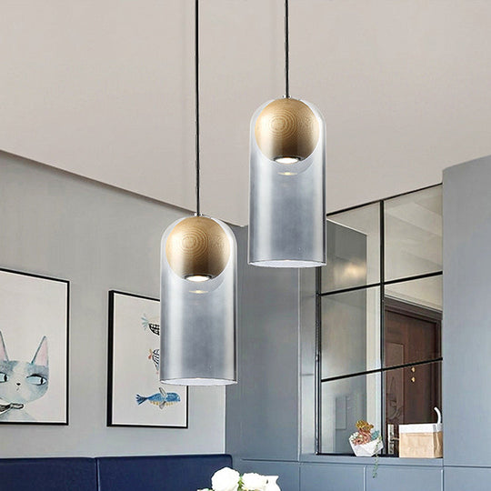 Modern Smoke Gray Glass Cylinder Pendant Light Fixture With Globe Wood Shade - Perfect For Dining