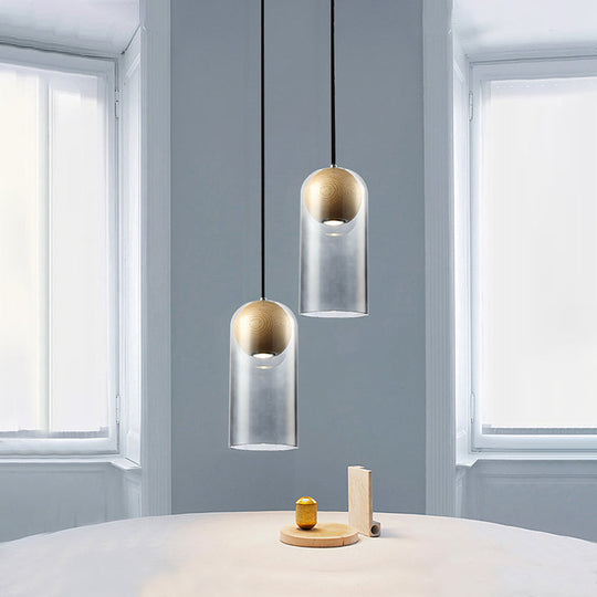Modern Smoke Gray Glass Cylinder Pendant Light Fixture With Globe Wood Shade - Perfect For Dining