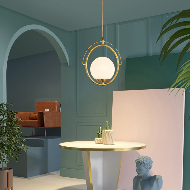 Postmodern Brass Ring Ceiling Light With Globe Glass Shade