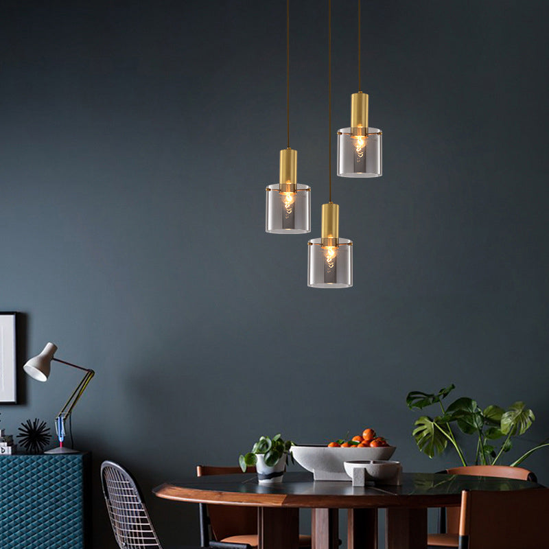 Modern Clear Glass Cylinder Pendant Light - 1 Head Brass Hanging Ceiling For Dining Room