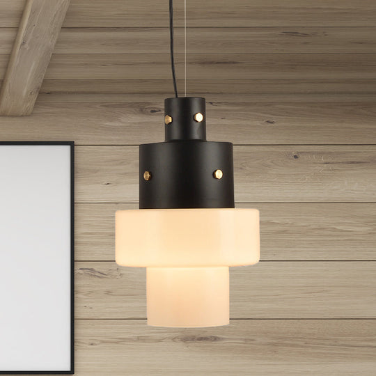 Rustic White Glass Cylinder Pendant Light For Living Room - Single Head Black Ceiling Fixture