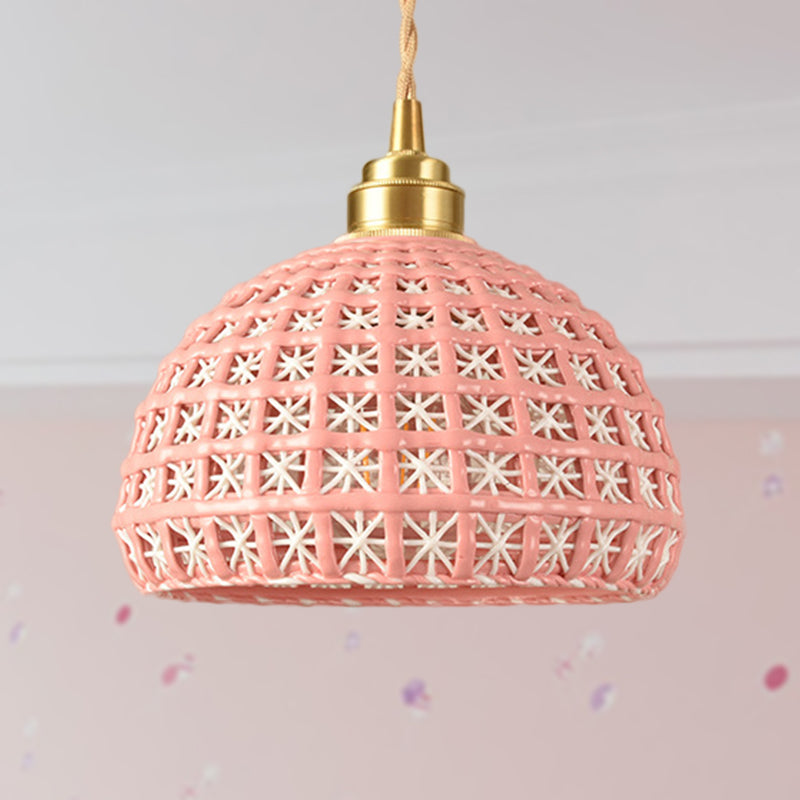 Vintage Ceramic Dome Lamp With Hollow Out Design - Blue/Pink Suspended Light Pink