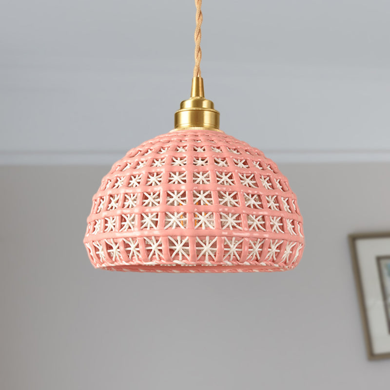 Vintage Ceramic Dome Lamp With Hollow Out Design - Blue/Pink Suspended Light