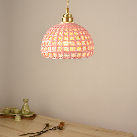Vintage Ceramic Dome Lamp With Hollow Out Design - Blue/Pink Suspended Light