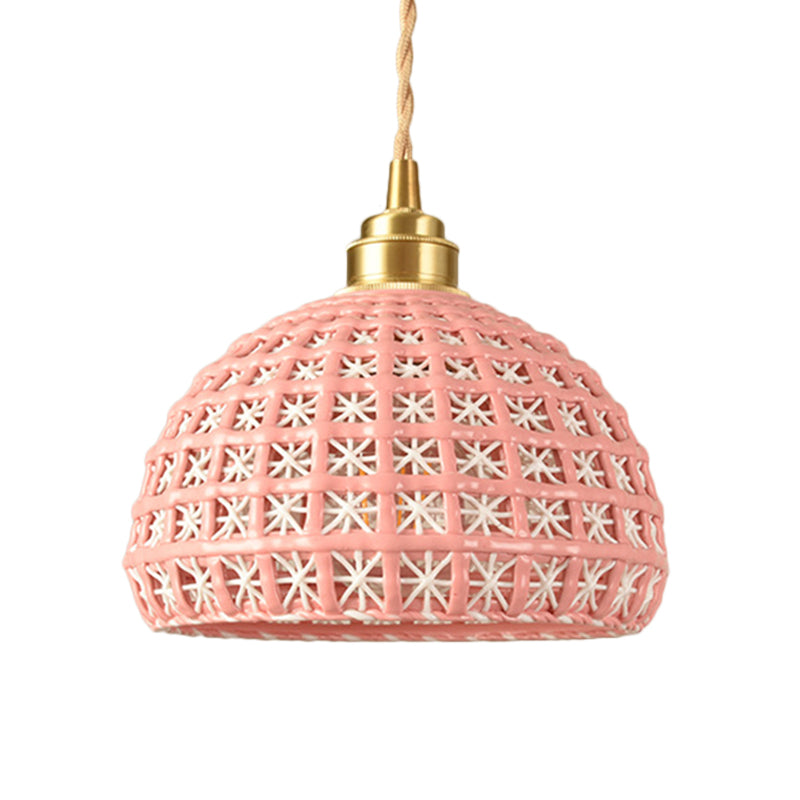 Vintage Ceramic Dome Lamp With Hollow Out Design - Blue/Pink Suspended Light