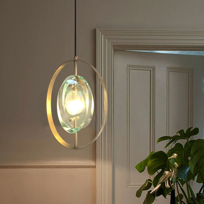 Contemporary Gold Oval Frame Pendant Ceiling Light With Crystal Shade