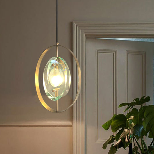 Contemporary Gold Oval Frame Pendant Ceiling Light With Crystal Shade - 1 Head Metal Fixture