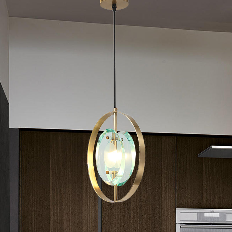 Contemporary Gold Oval Frame Pendant Ceiling Light With Crystal Shade - 1 Head Metal Fixture