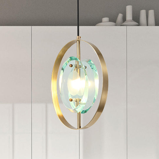 Contemporary Gold Oval Frame Pendant Ceiling Light With Crystal Shade - 1 Head Metal Fixture