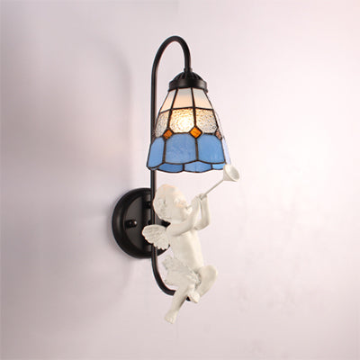 Mediterranean Blue Stained Glass Wall Sconce Light With Decorative Trumpet/Violin/Bird Design /