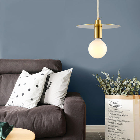 Postmodern White Glass Globe Pendant Light With Gold Metal Disc Shade - Bedroom Hanging Lamp Kit