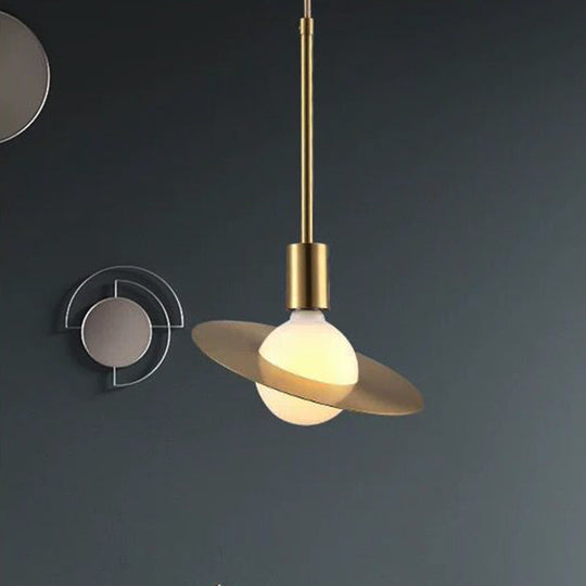 Postmodern Pendant Lamp - White Glass With Gold Disc Metal Shade