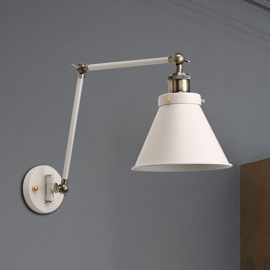 Industrial Cone Wall Sconce With Swing Arm For Bedroom - Black/White Metal Finish & 1 Bulb