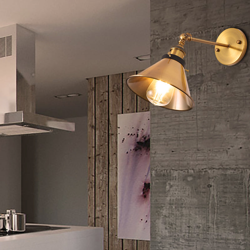 Industrial Style Metal Wall Lamp With Rotatable Barn/Cone Shade - Brass 1 Head Lighting Fixture For