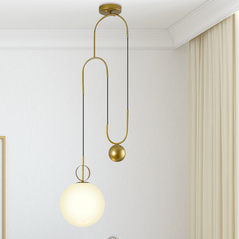 Modern White Glass Sphere Pendant Light With Gold Accents - Bedroom Hanging Fixture