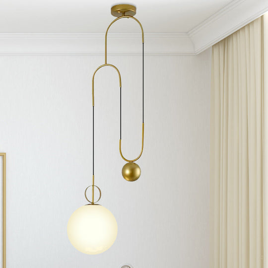Modern White Glass Sphere Pendant Light With Gold Accents - Bedroom Hanging Fixture