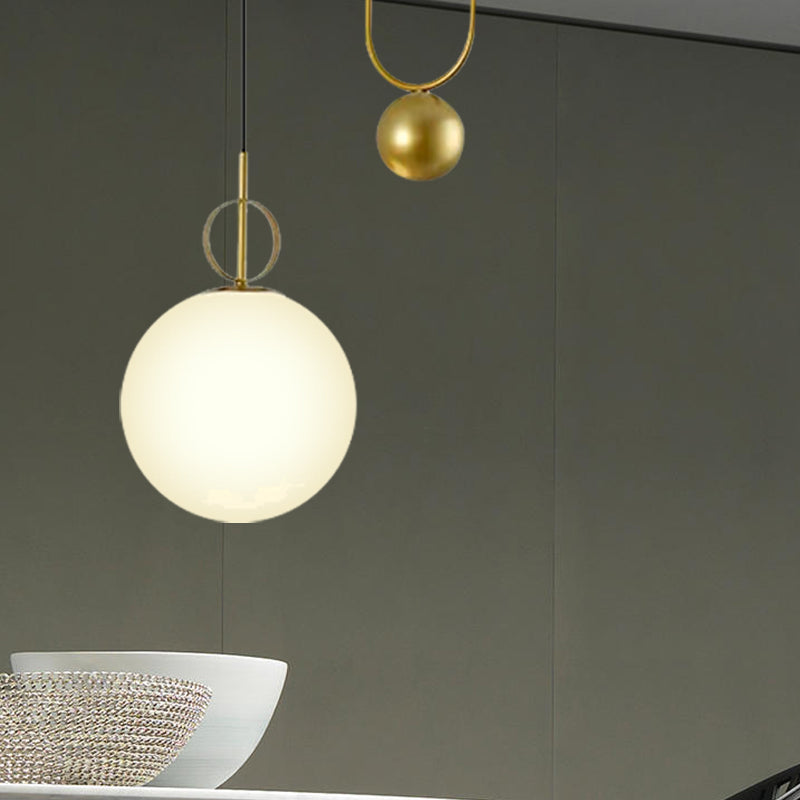 Modern White Glass Sphere Pendant Light With Gold Accents - Bedroom Hanging Fixture