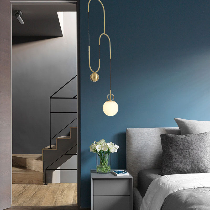 Modern White Glass Sphere Pendant Light With Gold Accents - Bedroom Hanging Fixture