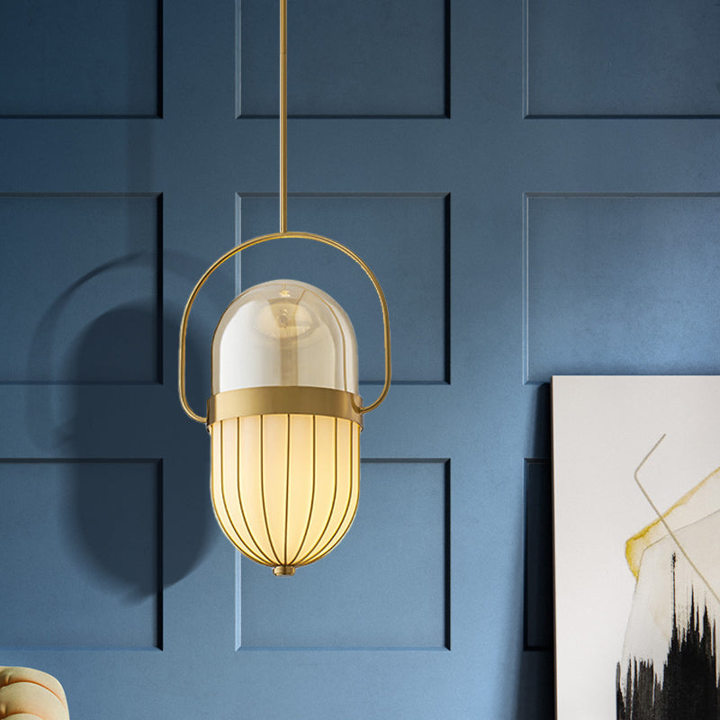 Clear And White Glass Postmodern Pill Pendant Lamp - Gold Ceiling Light For Dining Room Brass