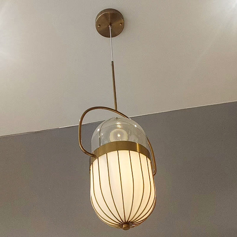 Clear And White Glass Postmodern Pill Pendant Lamp - Gold Ceiling Light For Dining Room