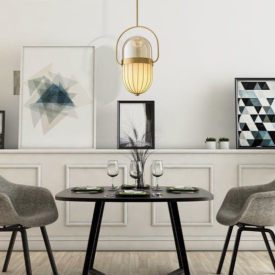 Lampe à suspension en forme de capsule en verre transparent et blanc postmoderne - Plafonnier de salle à manger à 1 tête en or