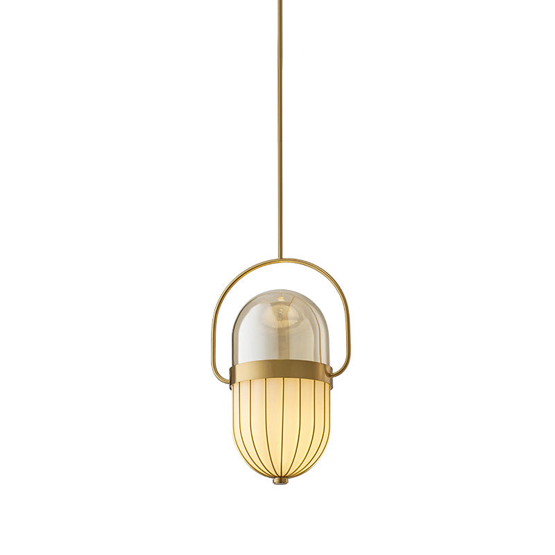 Lampe à suspension en forme de capsule en verre transparent et blanc postmoderne - Plafonnier de salle à manger à 1 tête en or