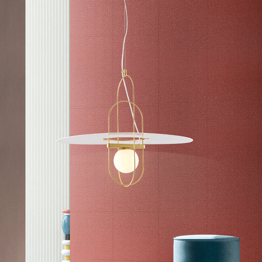 Contemporary Brass Oval Frame Pendant Light With Glass Shade - Metal Suspension Fixture 1 Head