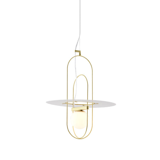 Contemporary Brass Oval Frame Pendant Light With Glass Shade - Metal Suspension Fixture 1 Head
