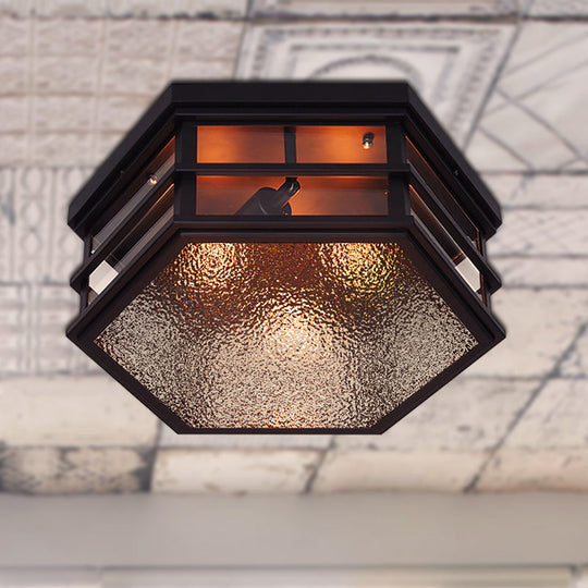 Black Metal Hexagon Flush Mount Ceiling Light With Frosted Glass Diffuser - 2/3 Lights 14’/17’